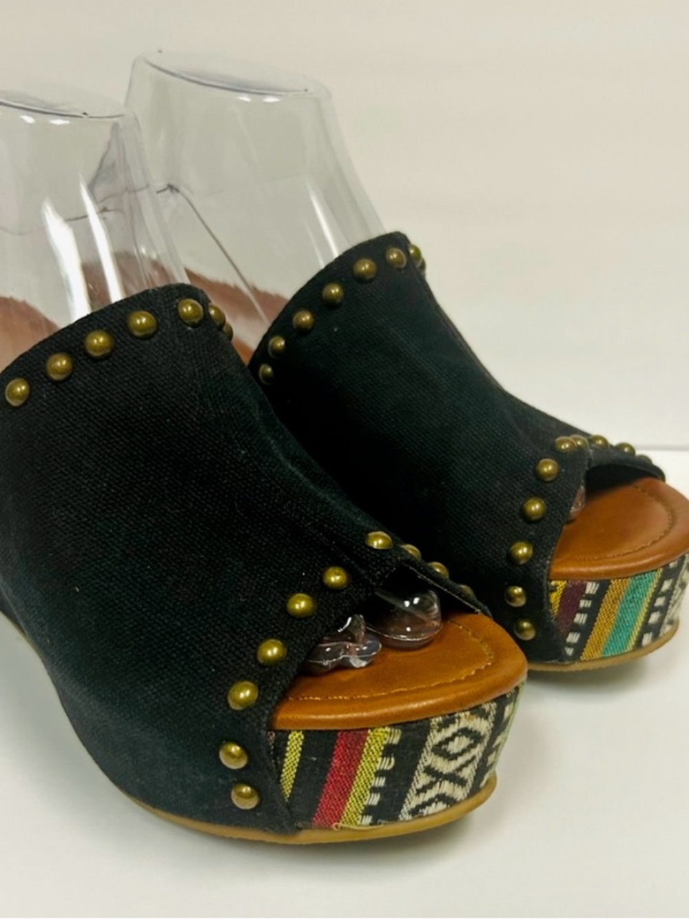 Rampage Wedge Sandals Women 9 Black Studded Platform Boho Chunky (fits small)